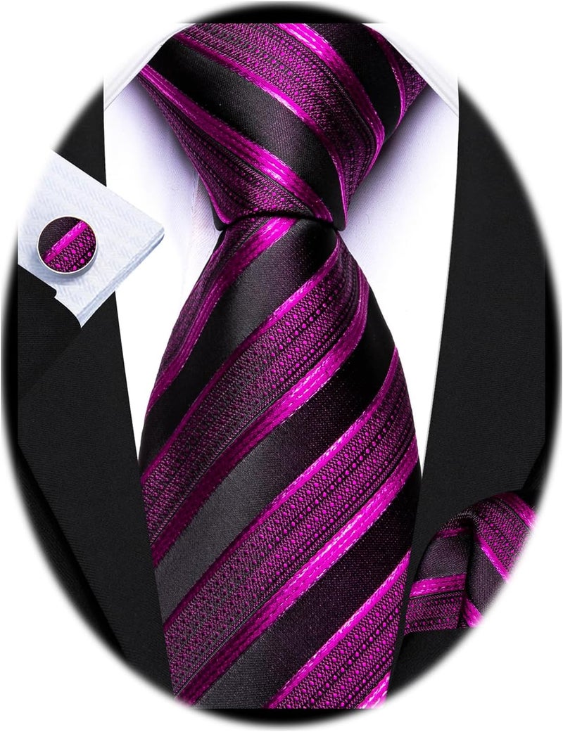 Barry.Wang Store Tie Sets for Men Silk Stripe Necktie Woven Checkered Handkerchief Cufflinks Formal Business Wedding - Image 1